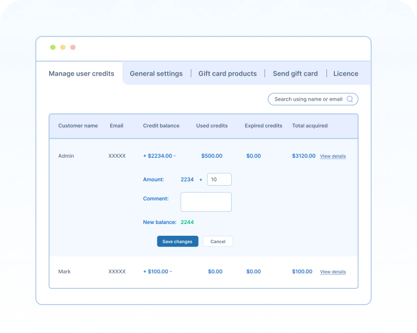 Manage user credits from Manage user credits tab