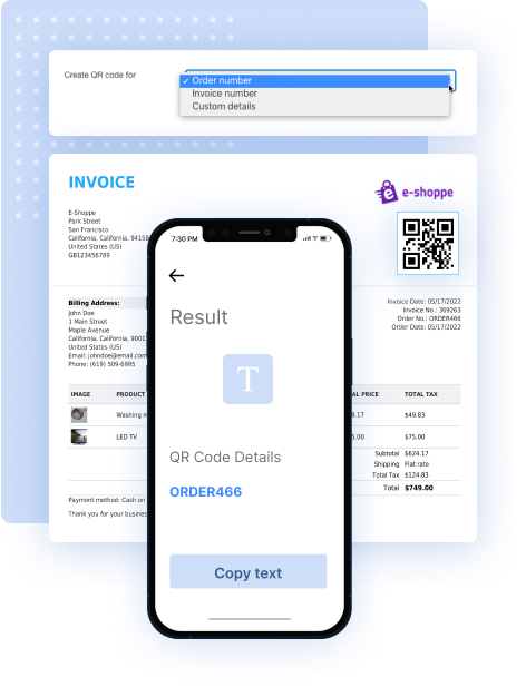 Displaying order number details on scanning the QR Code on the invoice