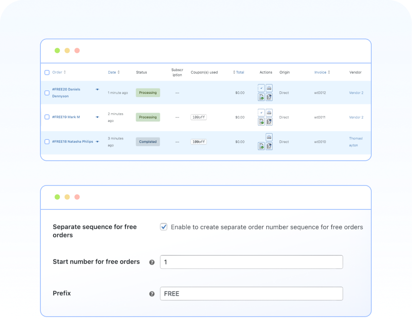 Create a separate order number sequence for the orders that you give away for free