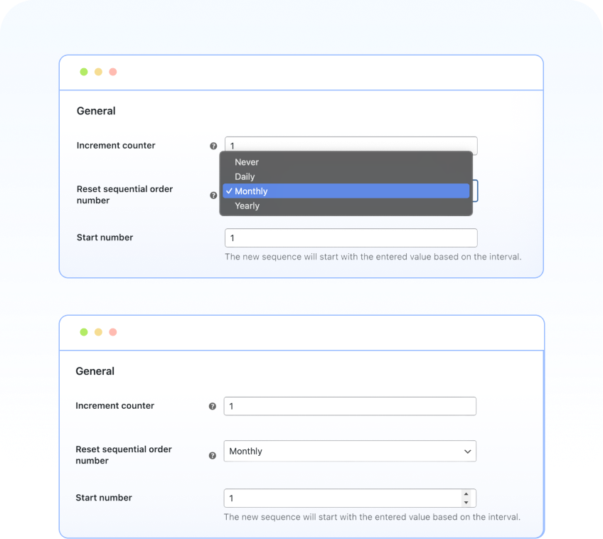 Reset you order number sequence at any daily, monthly, or yearly frequency