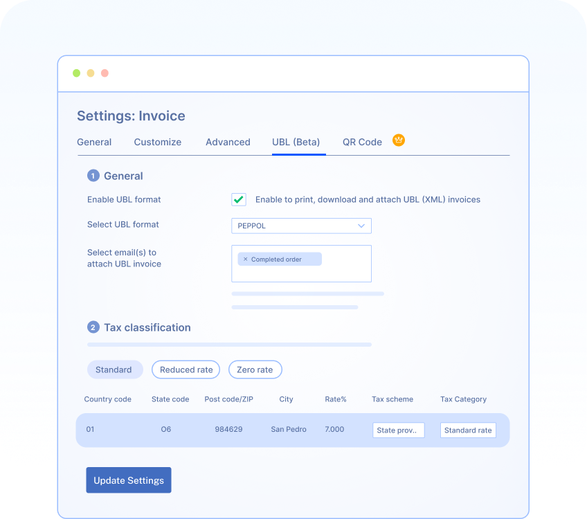UBL and XML invoice settings
